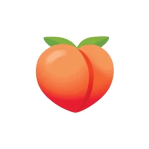 A stylized, colorful peach with a heart shape and two green leaves on top against a plain white background.