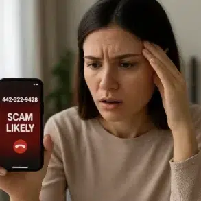 A person holding a smartphone displaying a call labeled "SCAM LIKELY" with the number 442-322-9428 in a cozy indoor setting.