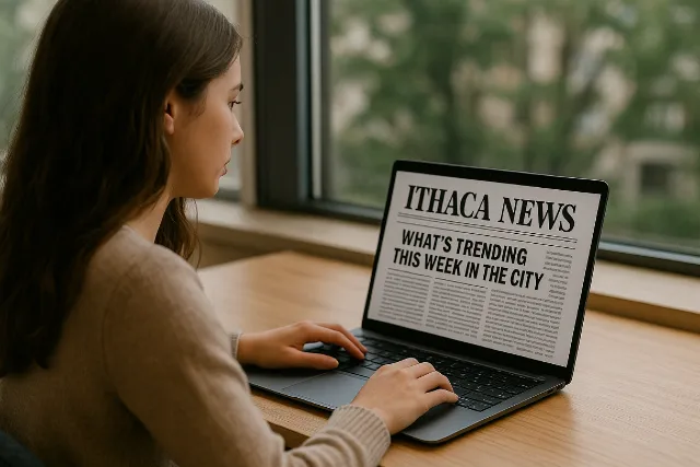 A person sits at a wooden table using a laptop with the headline "Ithaca News: What's Trending This Week in the City" on the screen.