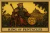 King of Pentacles Reversed Tarot card illustration symbolizing imbalance and reflection.