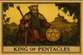 King of Pentacles Reversed Tarot card illustration symbolizing imbalance and reflection.