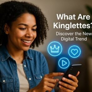 A person holding a smartphone, exploring digital trends, with icons symbolizing love, media, and royalty illuminated beside them.