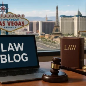 A laptop displaying "LAW BLOG" sits on a desk with legal books and a gavel, overlooking the Las Vegas skyline.