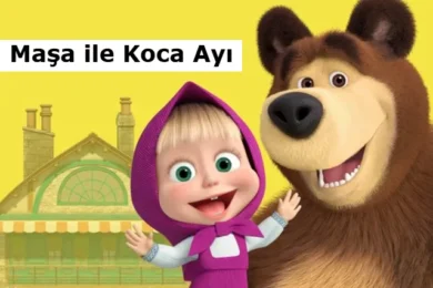 A cheerful bear alongside a girl in a pink hooded cape, set against a bright yellow background with a cottage illustration.