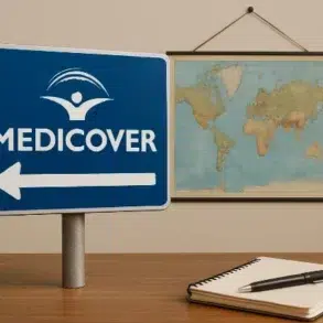 A blue sign with "MEDICOVER" and an arrow points left, set against a world map and a notebook with a pen on a wooden table.