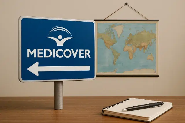 A blue sign with "MEDICOVER" and an arrow points left, set against a world map and a notebook with a pen on a wooden table.