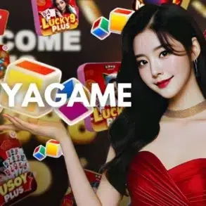 A woman in a red dress gestures towards colorful gaming icons and logos, promoting a gaming platform called "Superyagame."