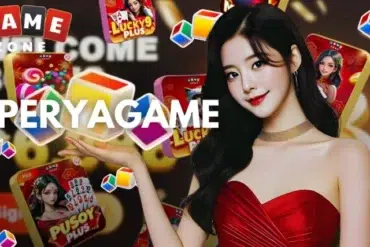 A woman in a red dress gestures towards colorful gaming icons and logos, promoting a gaming platform called "Superyagame."