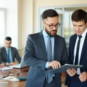 Two businessmen in suits discuss a document together in a modern office, with colleagues working at desks in the background.