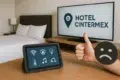 A modern hotel room featuring a touchscreen tablet for amenities, a TV displaying "Hotel Cintermex," and a hand with a thumbs down emoji.