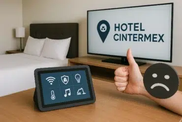 A modern hotel room featuring a touchscreen tablet for amenities, a TV displaying "Hotel Cintermex," and a hand with a thumbs down emoji.