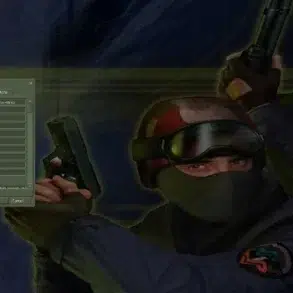 Two armed figures in tactical gear stand ready, with a game settings menu overlay showing various configuration options in the background.