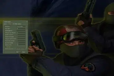 Two armed figures in tactical gear stand ready, with a game settings menu overlay showing various configuration options in the background.