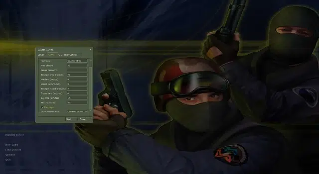 Two armed figures in tactical gear stand ready, with a game settings menu overlay showing various configuration options in the background.