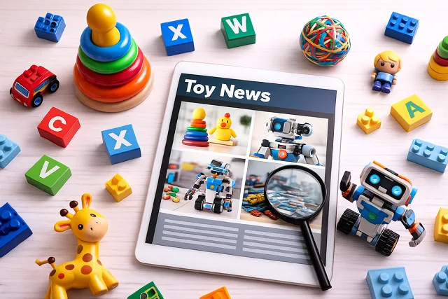 A tablet displays "Toy News" surrounded by colorful toys, including blocks, a stacking ring, and robot figures, fostering playful exploration.