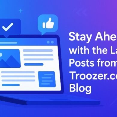 A laptop illustration displaying a blog interface with messages about staying updated on Troozer.com blog posts.