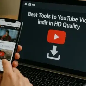 A person holding a smartphone displays YouTube, while a laptop screen shows "Best Tools to Download YouTube Videos in HD Quality."
