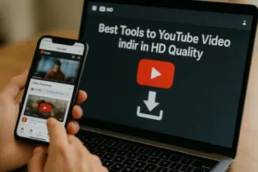 A person holding a smartphone displays YouTube, while a laptop screen shows "Best Tools to Download YouTube Videos in HD Quality."