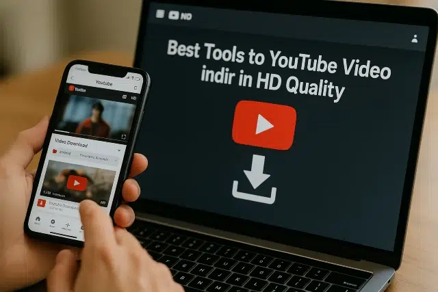 A person holding a smartphone displays YouTube, while a laptop screen shows "Best Tools to Download YouTube Videos in HD Quality."
