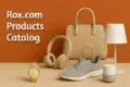 Rox.com product catalog featuring a gold watch, gray sneakers, beige handbag, headphones, and a lamp against an orange background.