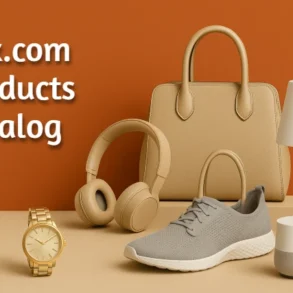 Rox.com product catalog featuring a gold watch, gray sneakers, beige handbag, headphones, and a lamp against an orange background.