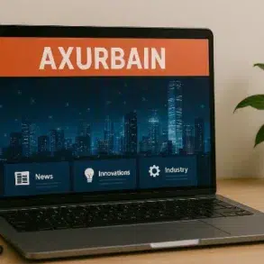 A laptop displaying the Axurbain website, featuring sections for News, Innovations, and Industry, with a city skyline background.