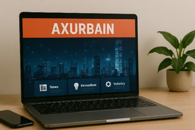 A laptop displaying the Axurbain website, featuring sections for News, Innovations, and Industry, with a city skyline background.