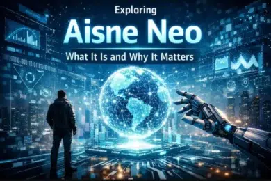 A person stands before a digital globe and robotic hand, surrounded by futuristic data displays, exploring "Aisne Neo."