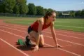 A female athlete is positioned on a track, ready to race, with starting blocks set in front of her and a clear blue sky above.