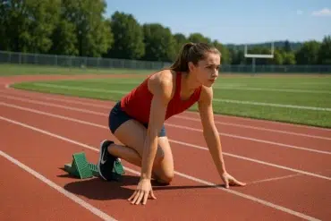 A female athlete is positioned on a track, ready to race, with starting blocks set in front of her and a clear blue sky above.