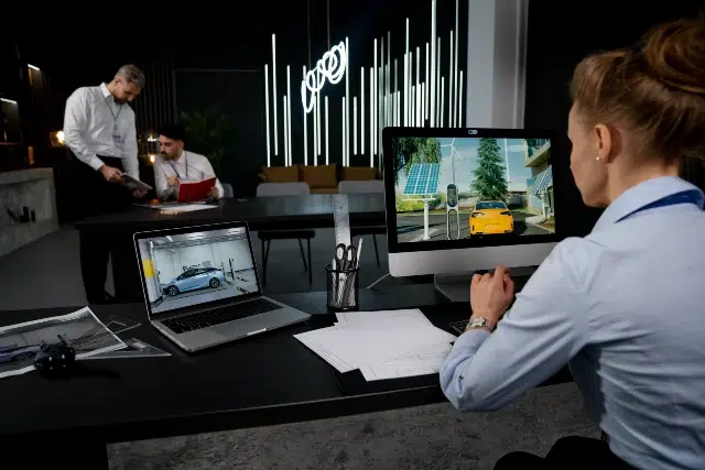 A professional working at a desk with two laptops, one displaying a car design and the other showing a modern car near solar panels.