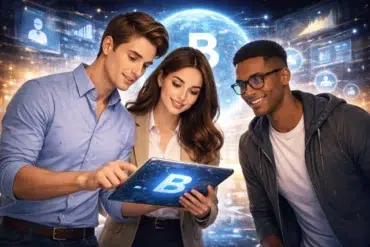 Bynethi com concept image showing three professionals using a digital tablet with futuristic technology background.