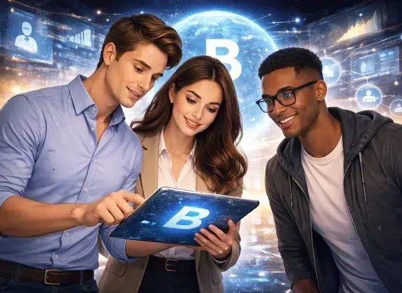 Bynethi com concept image showing three professionals using a digital tablet with futuristic technology background.