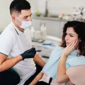 A patient sits in a dental chair, covered with a bib, while a dentist prepares to perform a procedure in a bright clinic.