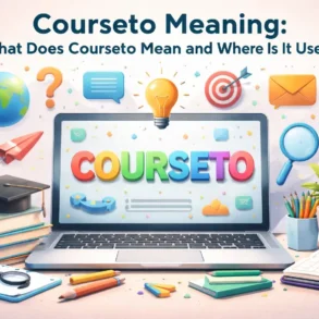 A laptop displays the word "COURSETO," surrounded by educational icons, books, and stationery, symbolizing online learning.