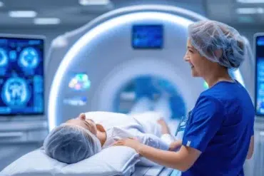 A medical professional in scrubs assists a patient lying on a bed near a CT scan machine, with diagnostic screens in the background.