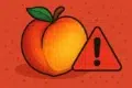 Illustration of a peach next to a red warning triangle with an exclamation mark, set against a dotted orange background.