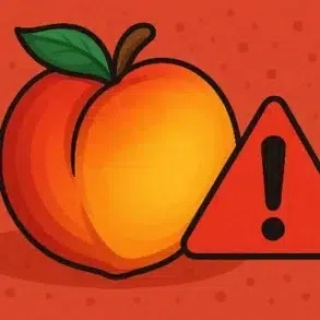 Illustration of a peach next to a red warning triangle with an exclamation mark, set against a dotted orange background.