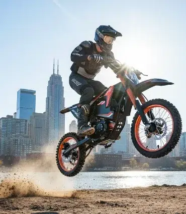A rider jumps a dirt bike near a riverbank, with a backdrop of a city skyline and dust cloud rising beneath the wheels.