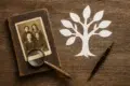 An old photograph rests on a vintage book, alongside a magnifying glass and a paper tree, symbolizing family history exploration.