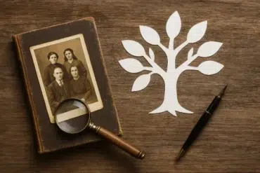 An old photograph rests on a vintage book, alongside a magnifying glass and a paper tree, symbolizing family history exploration.
