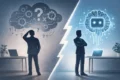 A split image shows a man contemplating over a cloud of questions on one side, and confidently facing a glowing AI brain on the other.