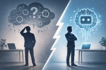 A split image shows a man contemplating over a cloud of questions on one side, and confidently facing a glowing AI brain on the other.