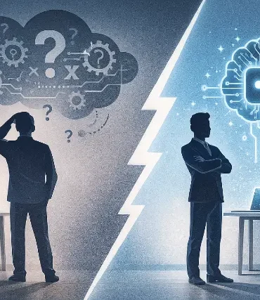 A split image shows a man contemplating over a cloud of questions on one side, and confidently facing a glowing AI brain on the other.