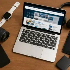 A laptop displaying a webpage, surrounded by a camera, smartphone, tablet, smartwatch, and headphones on a wooden desk.