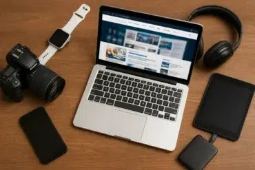 A laptop displaying a webpage, surrounded by a camera, smartphone, tablet, smartwatch, and headphones on a wooden desk.