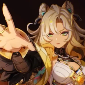 A stylish character with long blonde hair and cat-like ears extends a hand, adorned with gold rings, against a dark background.