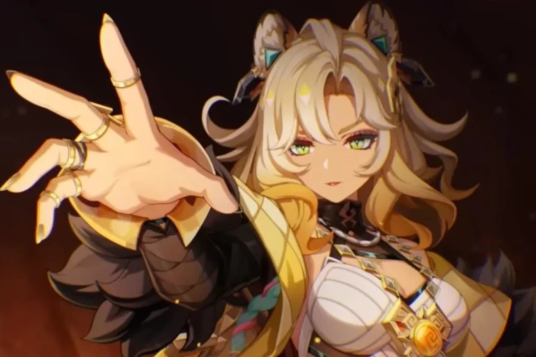 A stylish character with long blonde hair and cat-like ears extends a hand, adorned with gold rings, against a dark background.