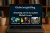 A laptop displays the GlobeInsightBlog homepage, featuring sections on global economic outlook, political crises, and regional conflict.