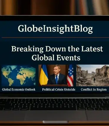 A laptop displays the GlobeInsightBlog homepage, featuring sections on global economic outlook, political crises, and regional conflict.